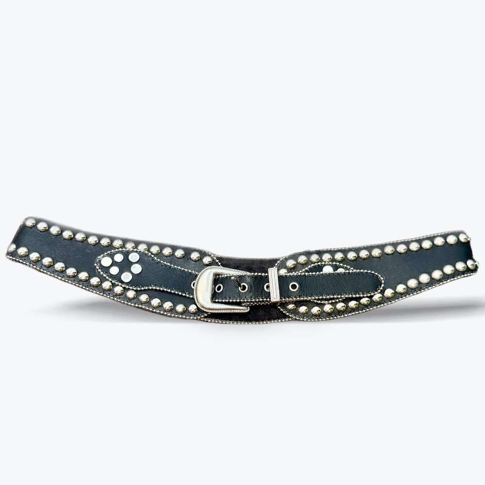 Vintage Black Leather Belt Silver Studded Grommet Ball Chain Western Goth 32